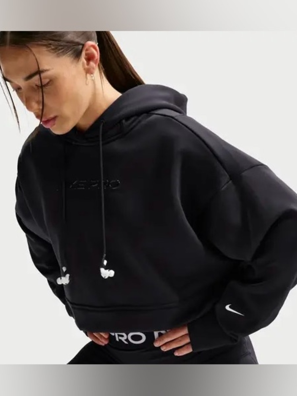 Nike Pro Women's Therma-FIT Oversized Fleece Hoodie Black Medium Cropped NWT
